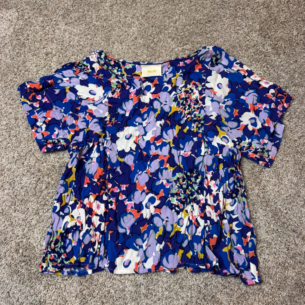 MAEVE Anthropologie Milla Blue Floral Short Sleeve Top size S - Picture 3 of 5